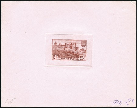 Stamp of France 1938 5F Carcassonne, sept épreuves d'atelier sur d