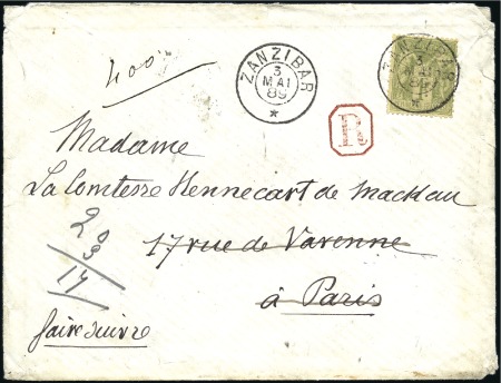 Stamp of Zanzibar » The French Post Office (1889-1904) 1889 (May 3) Envelope sent registered triple lette