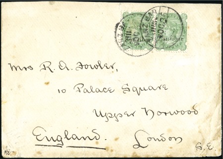 Stamp of Zanzibar » The Zanzibar Post Office (1895-1964) 1896 (Oct 26) Envelope at double letter rate to En