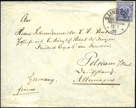 Stamp of Zanzibar » The German Post Office (1890-1891) 1891 (Jan 12) Envelope at single letter rate to Ge
