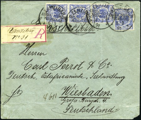 Stamp of Zanzibar » The German Post Office (1890-1891) 1891 (Mar 6) Envelope at registered triple-letter 