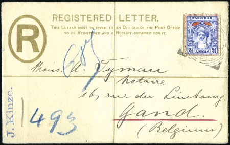 Stamp of Zanzibar » The Zanzibar Post Office (1895-1964) 1901 (Feb 13) Registered envelope to Belgium uprat