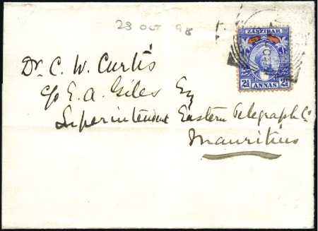 Stamp of Zanzibar » Destination Mail MAURITIUS: 1898 (Oct 28) Home-made wrapper to the 