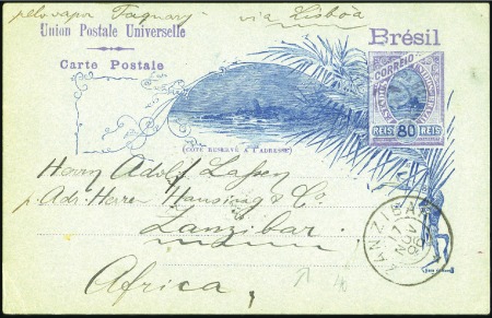 Stamp of Zanzibar » Destination Mail BRAZIL: 1896 80r Postal stationery card faintly ca