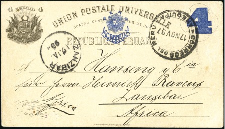 Stamp of Zanzibar » Destination Mail PERU: 1897 (Nov 17) 4c Postal stationery card canc