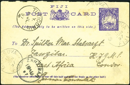 Stamp of Zanzibar » Destination Mail FIJI: 1897 (Jun 15) 1d Postal stationery card from