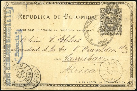 Stamp of Zanzibar » Destination Mail COLOMBIA: 1897 2c Postal stationery card from Bogo