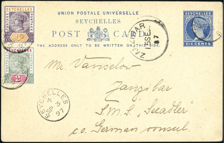 Stamp of Zanzibar » Destination Mail SEYCHELLES: 1897 (Sep 3) 6c Postal stationery card