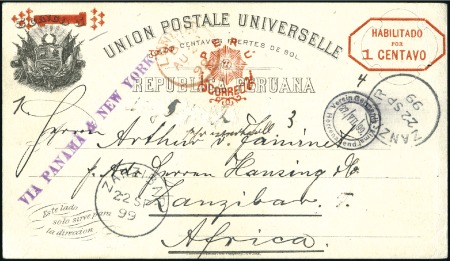 Stamp of Zanzibar » Destination Mail PERU: 1899 (Jul 27) 1c on 5c Postal stationery car
