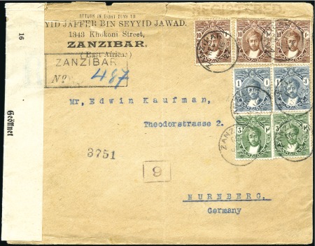 Stamp of Zanzibar » The Zanzibar Post Office (1895-1964) 1922 (Jul 16) Commercial cover sent registered to 