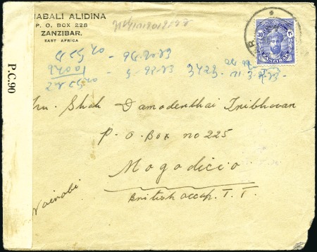 Stamp of Zanzibar » The Zanzibar Post Office (1895-1964) 1943 (Sep 27) Commercial cover to Mogadishu, Briti