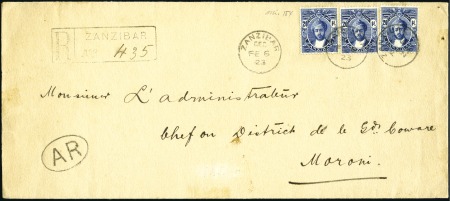 Stamp of Zanzibar » The Zanzibar Post Office (1895-1964) 1923 (Feb 23) Envelope at Advice of Receipt regist