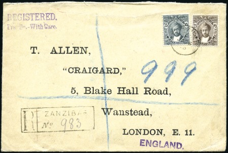 Stamp of Zanzibar » The Zanzibar Post Office (1895-1964) 1926 (Jan 26) Envelope sent registered to England 