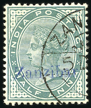 Stamp of Zanzibar 1895-96 1/2a "Zanzbar" overprint in BLUE, neat Zan