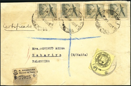 Stamp of Israel » Israel - Interim Period (1948) - Nahariya Locals ARGENTINA Package front, 4x25c stamps, registered