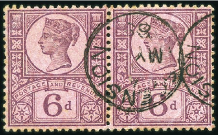 Stamp of Great Britain » British Post Offices Abroad ASCENSION: 1887 6d purple on rose pair with 19.5mm