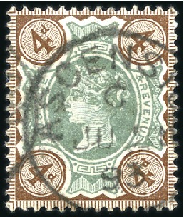 Stamp of Ascension GB 1887 4d green & brown with Ascension 21.5mm cod
