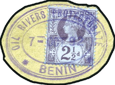 Stamp of Great Britain » British Post Offices Abroad NIGER COAST, BENIN: GB 1887 2 1/2d tied on piece b
