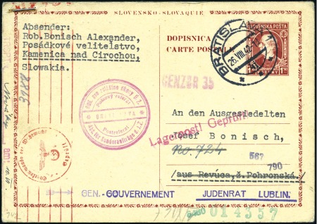 Stamp of Israel » Israel: The Holocaust - Ghettos LUBLIN: Censored Slovaque 1.5l reply card tied BRA