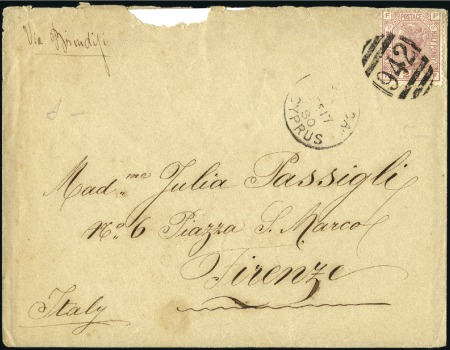 Stamp of Great Britain » British Post Offices Abroad CYPRUS, LARNACA: 1880 (Feb 17) Envelope to Italy w