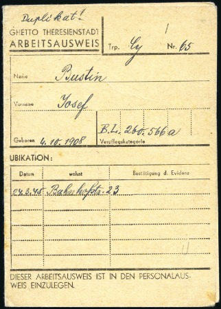 Stamp of Israel » Israel: The Holocaust - Ghettos THERESIENSTADT: Work card for Josef Bustin, very f
