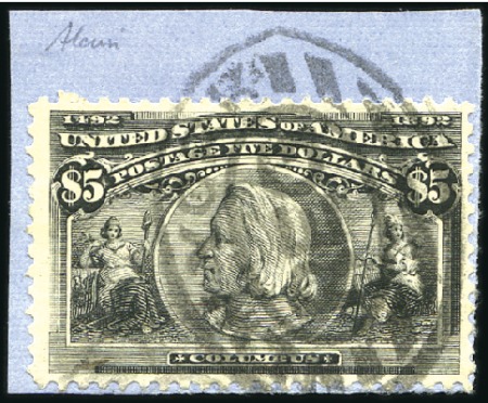Stamp of United States 1893 Columbus $5 Black, neatly cancelled by oval N