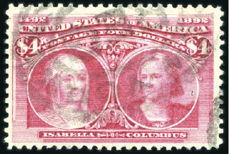Stamp of United States 1893 Columbus $4 crimson lake, cancelled by oval N