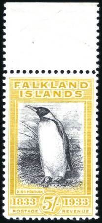 Stamp of Falkland Islands 1933 Centenary, King Penguin 5s black and yellow, 