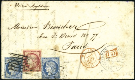 Stamp of Colonies françaises » Guadeloupe 1852 Pli pour Paris avec Cérès 25c x2 + 1F obl. gr