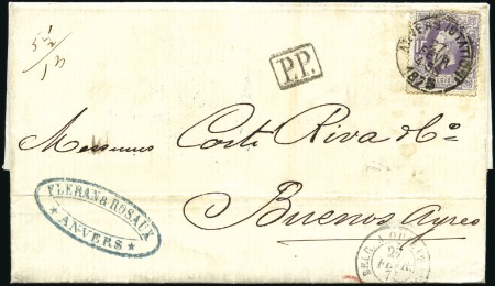 Stamp of Belgium 1875 Entire to Argentina franked 1f violet tied by