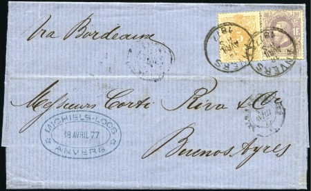 Stamp of Belgium 1877 Entire to Argentina franked 1f violet + 5c ti