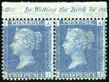 Stamp of Great Britain » 1854-70 Perforated Line Engraved 1858 2d Blue pl.13 mint og top marginal pair with