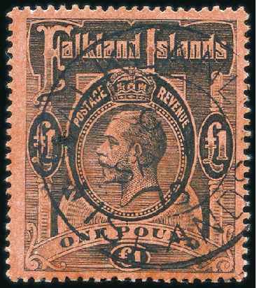 Stamp of Falkland Islands 1912-20 £1 Black on Red with Sep 1 1918 cds, some 