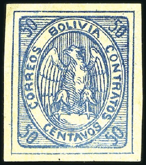 Stamp of Bolivia 1867 Condor 50C deep blue, unused, very fine, cert