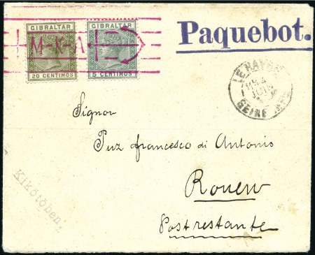 Stamp of Gibraltar 1898 Paquebot cover franked 20Centimos olive + 5 C