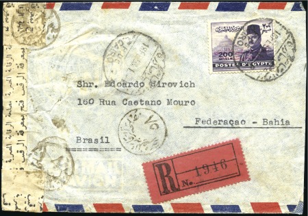 Stamp of Egypt » 1936-1952 King Farouk Definitives 1953 (Feb 18) Registered and censored airmail cove
