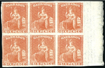 Stamp of Barbados 1873 Britannia 6d orange in imperforate marginal b