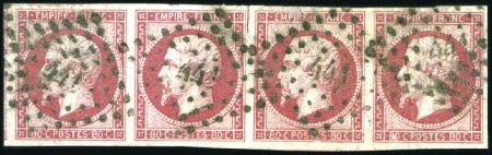 Stamp of France 1854 80c Carmin en bande de 4, plus 1c Bordeaux en