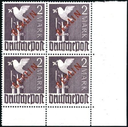 Stamp of Germany » Berlin 1949 Red ovpt, better values in blocks of four com