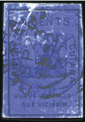 Stamp of British Guiana 1852 4c Black on Blue, fine to large margins, Dema