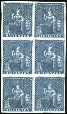Stamp of Barbados 1852-55 (1d) Deep Blue in mint og block of six, fi