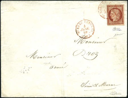Stamp of France 1F VERMILION, SECOND KNOWN COVER WITH RED CANCEL