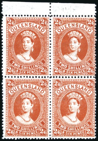 Stamp of Australia » Queensland 1907-11 2s6d Vermilion top marginal mint og block 