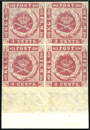 Stamp of Danish West Indies 1856 3c Dark Carmine unused block of four, clear m