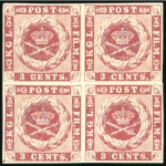 Stamp of Danish West Indies 1856 3c Dark Carmine unused block of four, clear m