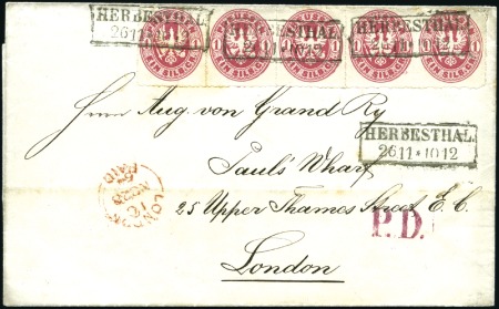 Stamp of German States » Prussia 1864 Cover to London franked 1s red in strip of fi