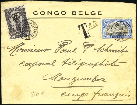 Stamp of Belgian Congo 1910 Cover to French Congo with 25c, taxed with Fr