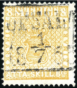 Stamp of Sweden FIRST DAY CANCEL ON THE 8 SKILLING YELLOW

1855 