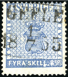 Stamp of Sweden FIRST DAY CANCEL ON THE 4 SKILLING BLUE

1855 4 
