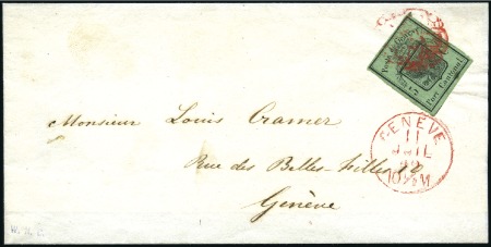 Stamp of Switzerland / Schweiz » Kantonalmarken » Genf 1848 Large Eagle 5c black on dark green tied to sm